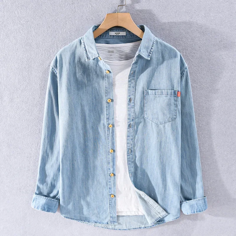 Simple Pure Cotton Mens Long Sleeve Denim Shirt Daily Casual Shirts Light Blue Jean Shirt with Pocket Korean Fashion Slim Shirt