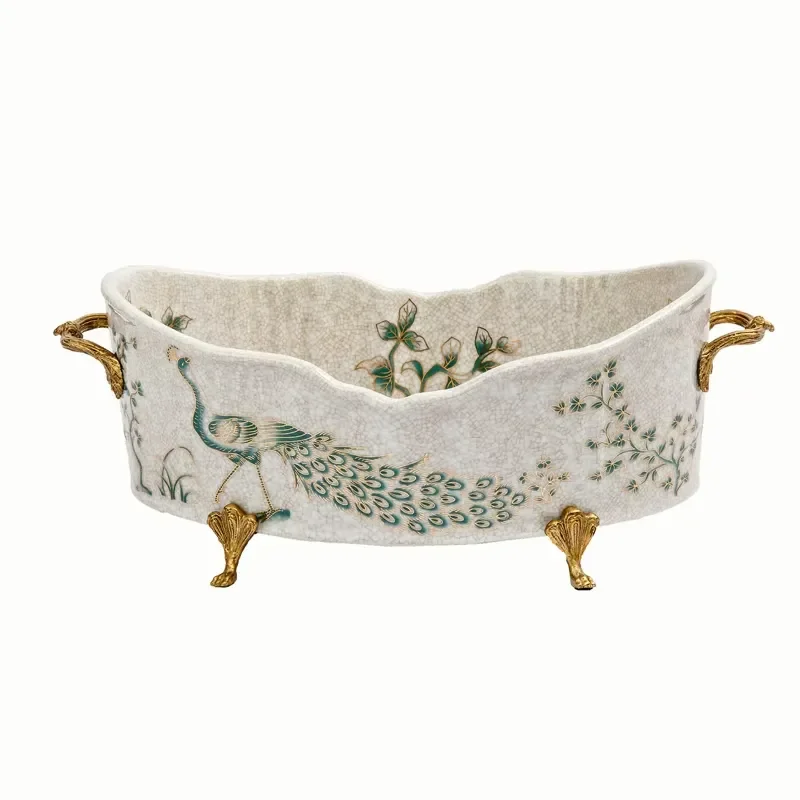 Mini Home Decor Table Accessories Ceramic Fruit Plate and Copper Stand Chinese Desk Porcelain Dish