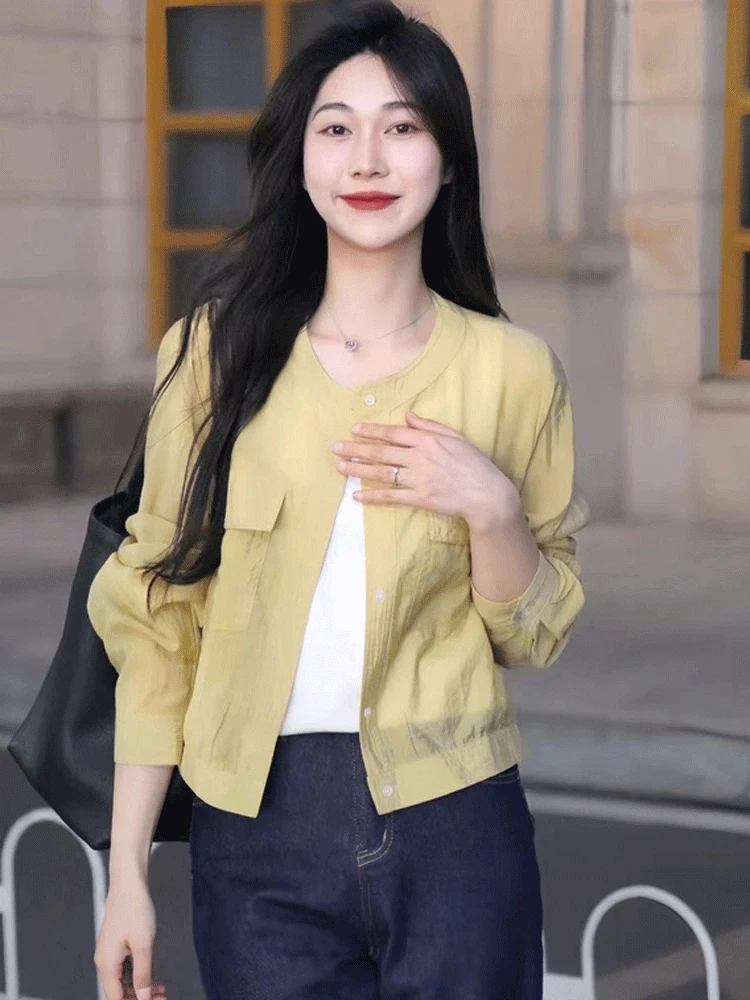 Csa de protección solar, abrigo corto, hoado, fino, de manga larga, cuello redondo, ropa de abrigo de verano para mujer,...