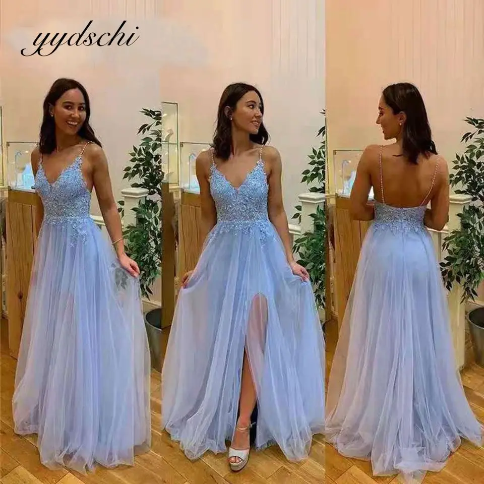 

2022 Blue Prom Dresses Elegant Sweetheart Spaghetti Straps Party Dresses Simple Tulle Lace Appliques Vestidos De Gala Ball Gown