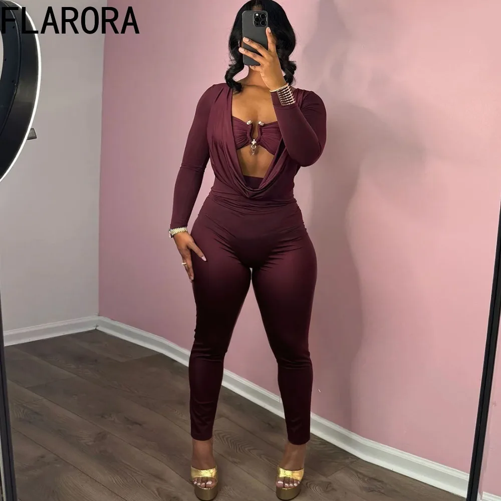 

FLARORA Elegant Chic Jumpsuits Woman Metal Decoration Swing Collar Full Sleeve Sexy Skinny Peach Hip Midnight Clubwear Overalls