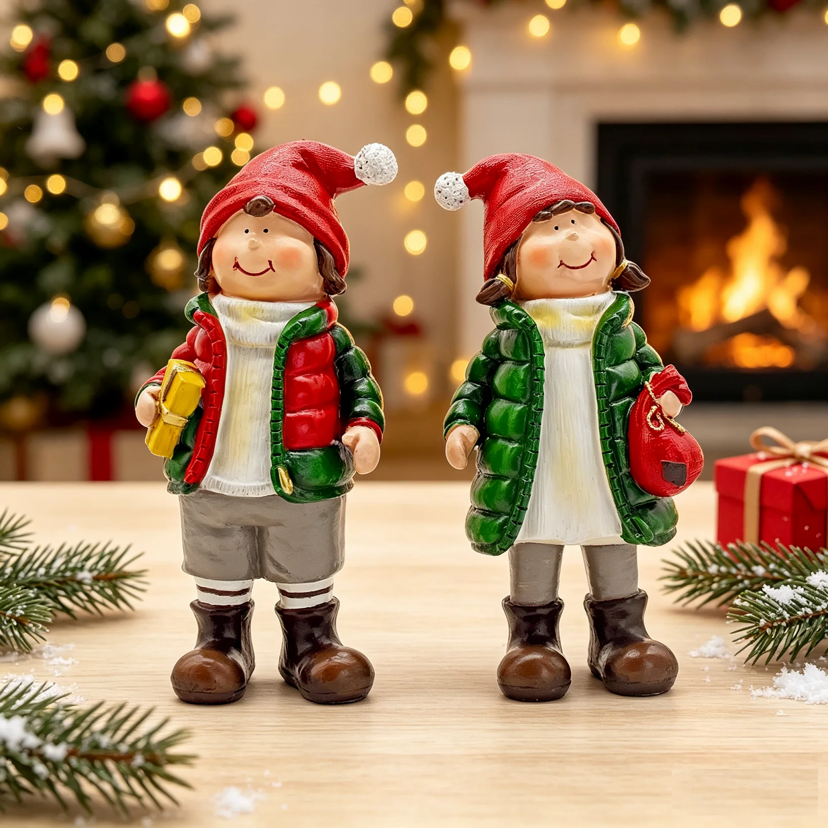 Xmas Resin Art - 2'li Noel Erkek ve Kız Figürleri