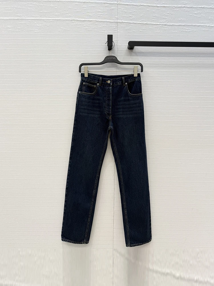 Spring Summer Fashion Dark Blue Versatile Casual Pencil Cowboy Trousers Women's Middle Waist Multi Pocket Straight Barrel Pants