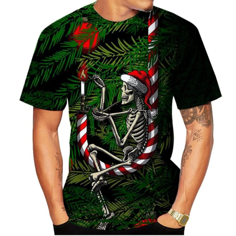 

3D Print Gothic Skull Pattern Men's T-Shirt Chirstmas Theme Family Party Unisex Short Sleeve Tees Loose Round Neck Pullover Tops