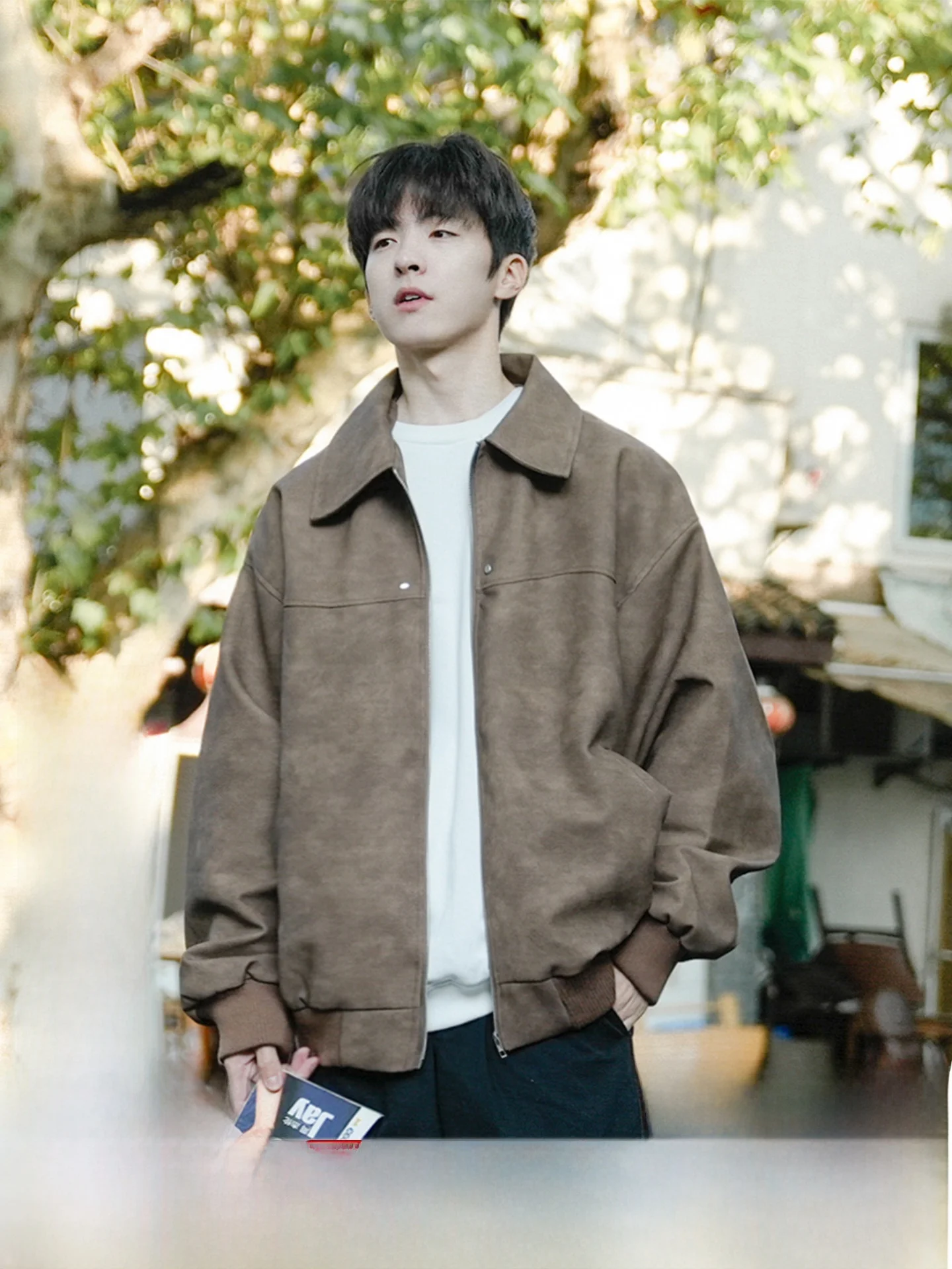 

Artistic Hong Kong M Suede Leather Jaet Youthful American Retro Sle Long Sve Zipper Closure Casual Outerwear Coat