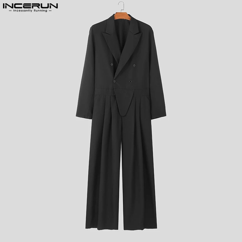 INCERUN Men Jumpsuits Solid Color Lapel Long Sleeve Double Breasted Rompers Men Streetwear 2024 Loose Fashion Casual Overalls