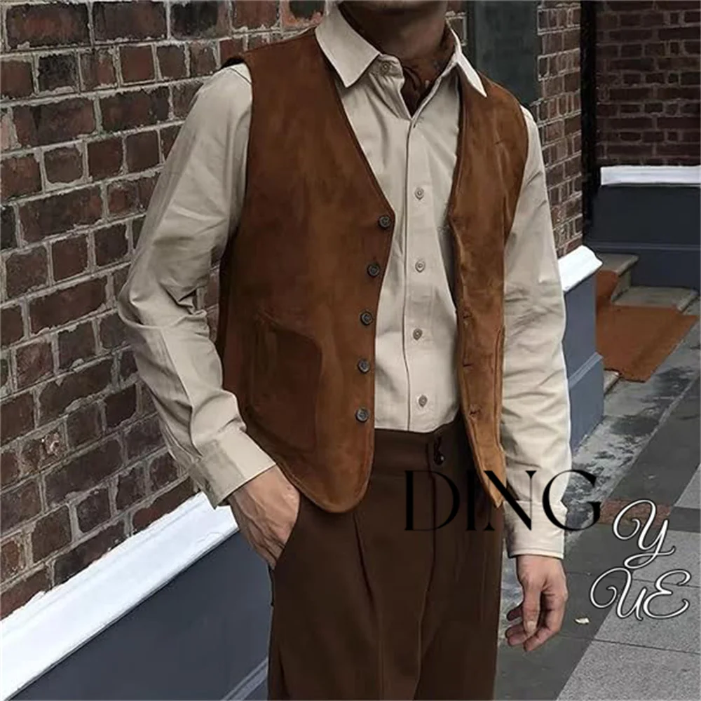 Mens Dress Vest Suede Leather 5 Buttons Male Waistcoat Formal Gilet Homme Business Slim Fit Suit Vest