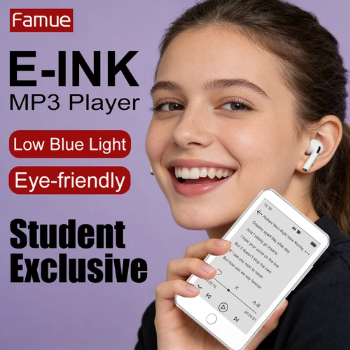Famue E Ink Screen Reproductor de música MP3 BF01 Lector electrónico con luz azul baja Función de radio Retroiluminación Bluetooth 5.3 lectura TF a 128G