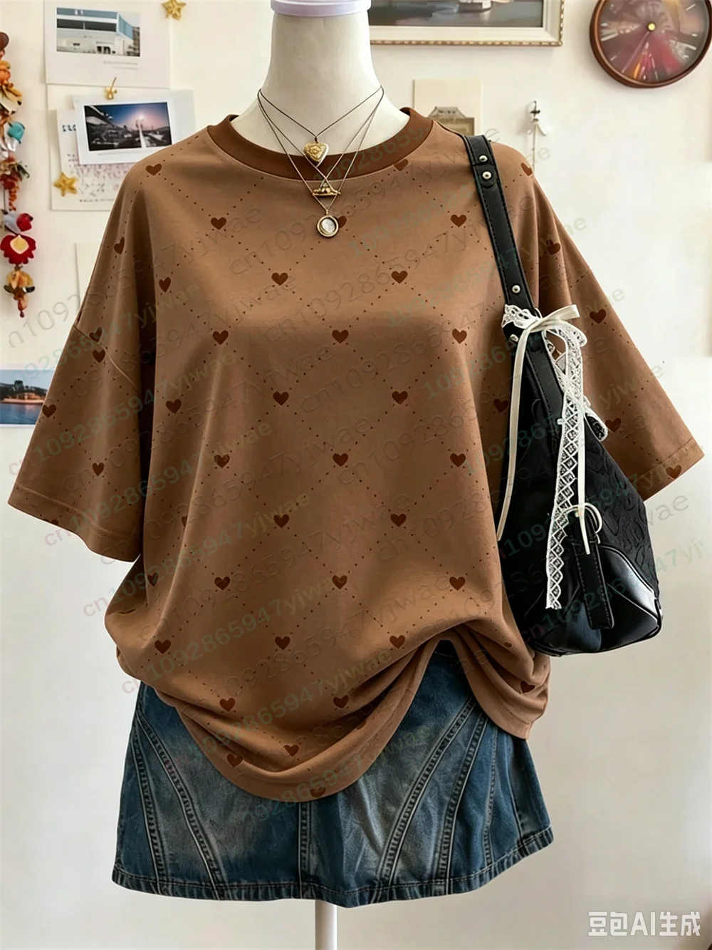 Herzförmiges Polka-Dot-Muster, O-Ausschnitt, Kurzarm-T-Shirt, vielseitiges Casual-Oberteil, Y2K Streetwear, Sommer-Damen-T-Shirt – Detail 4
