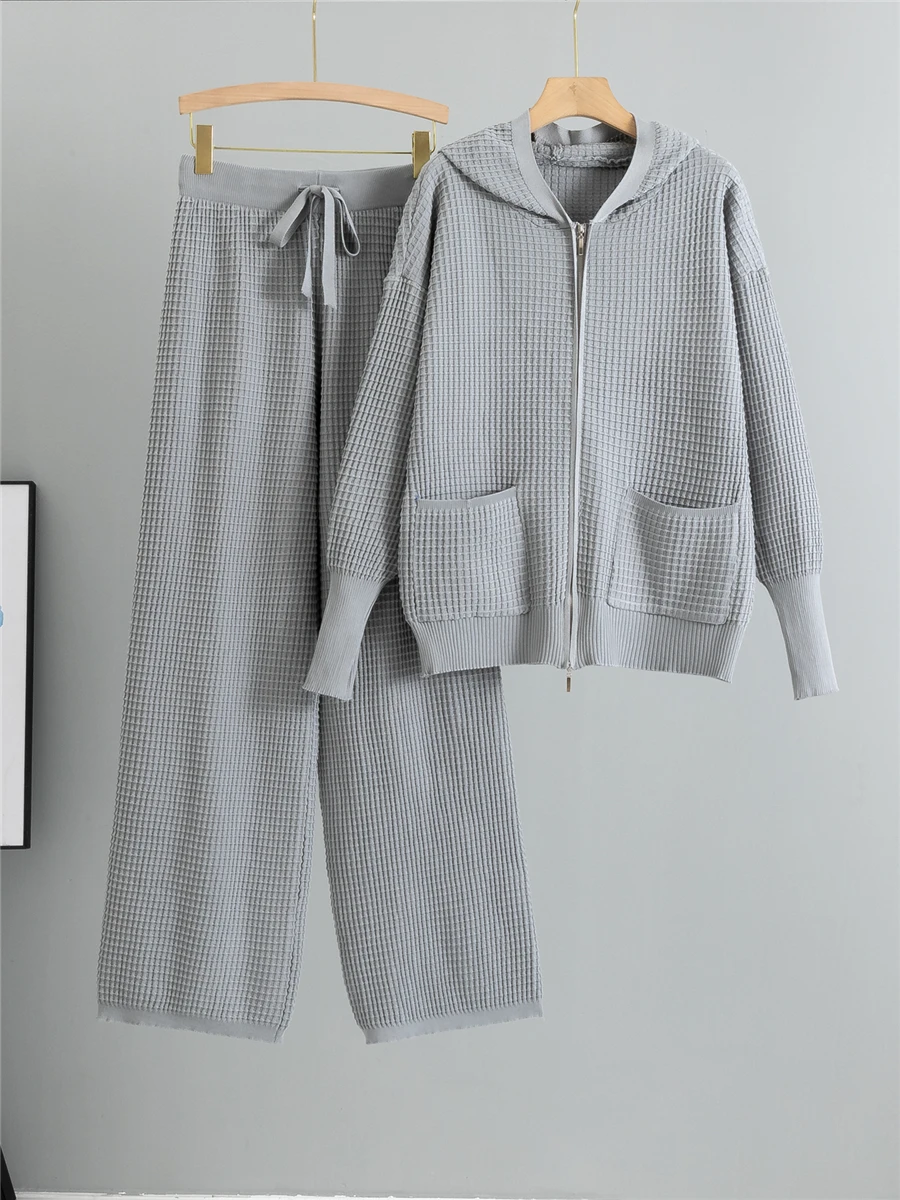 

Casual Women's Set Autumn New Lazy Sle Long Sve Zipper Hooded Knitted Outerwear High Waist Wide Leg Pants Two Piece Suit