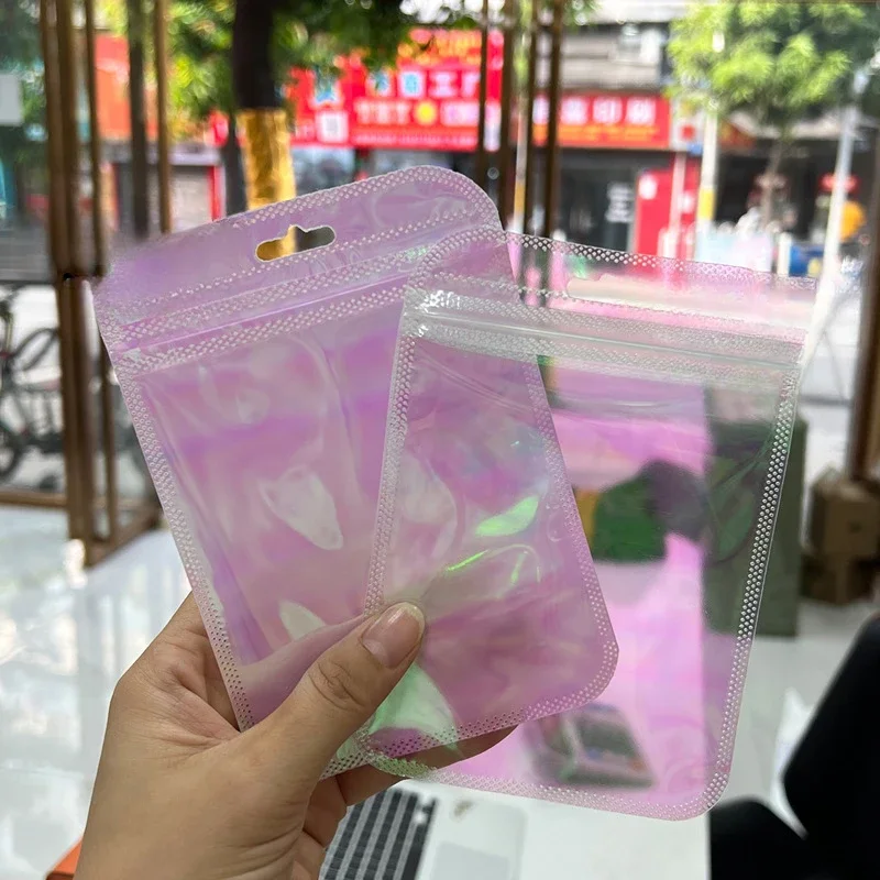 

Phantom Cosmetics Packaging Bag pink Laser Rainbow Transparent Bag Colorful Earrings Jewelry Packaging Self Sealing Bag