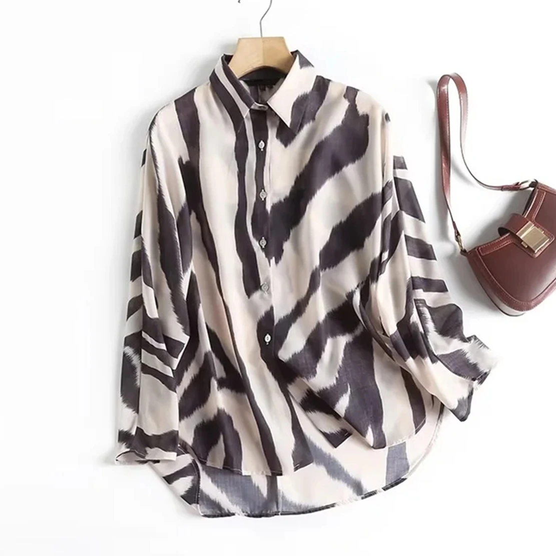 Dave&Di Geometric Zebra Printing Vintage Shirt Casual Loose Blouse Women Tops England Stye Fashion Blouse