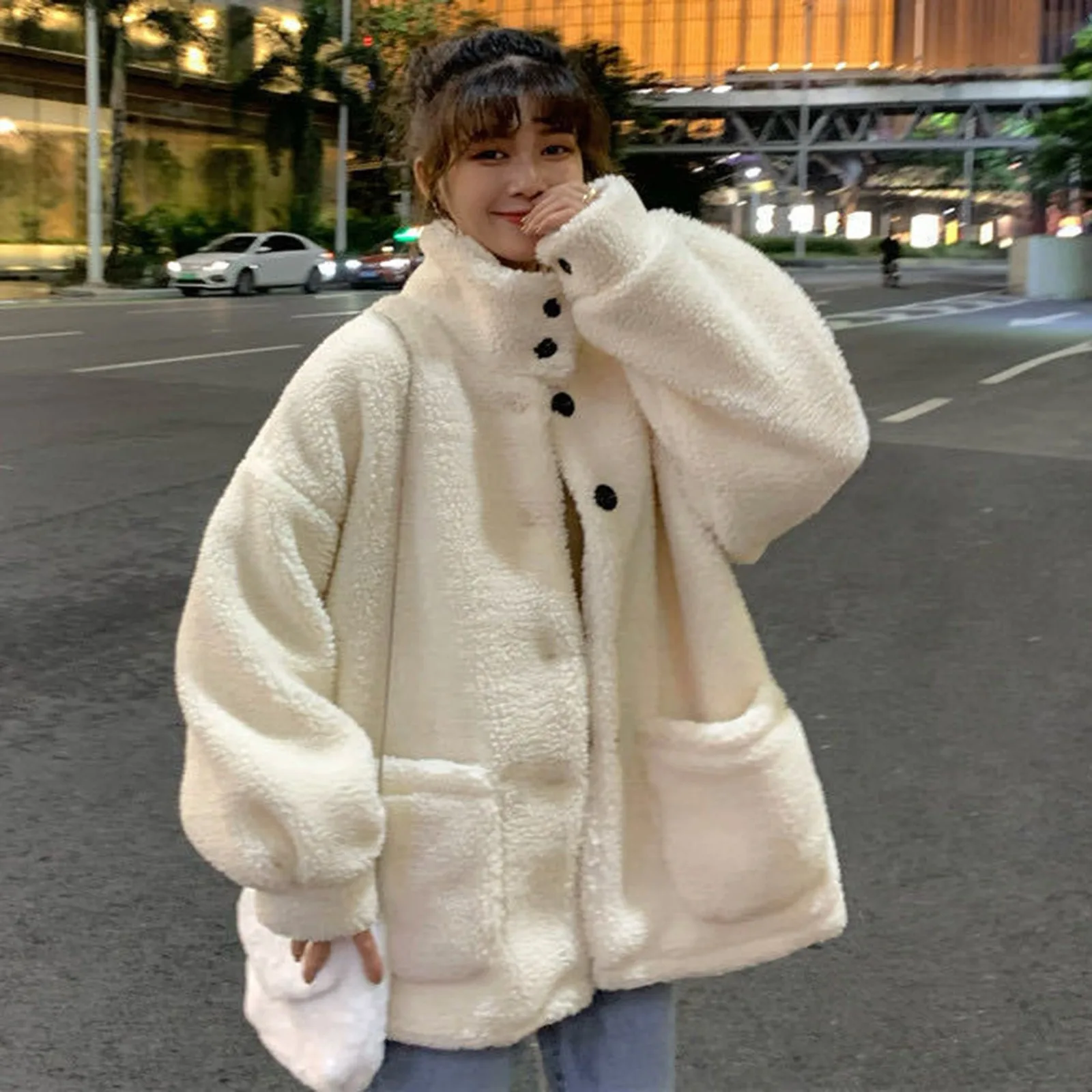 Female Jacket Womens Korean Thickened Fuzzy Cardigan Kawaii Girls Fleece Coat Winter Lolita Tops Cute Jk Bomber Jackets Female