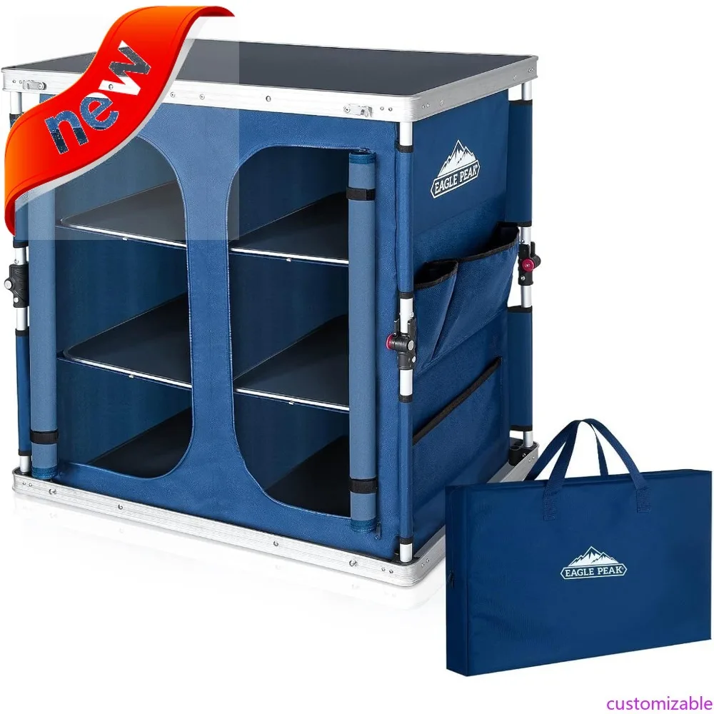 طاولة تخييم مزدوجة قابلة للطي للاستخدام الخارجي قابلة للتخصيص مع منظم تخزين كبير من 3 طبقات وجيوب جانبية، محمولة سهلة الإعداد