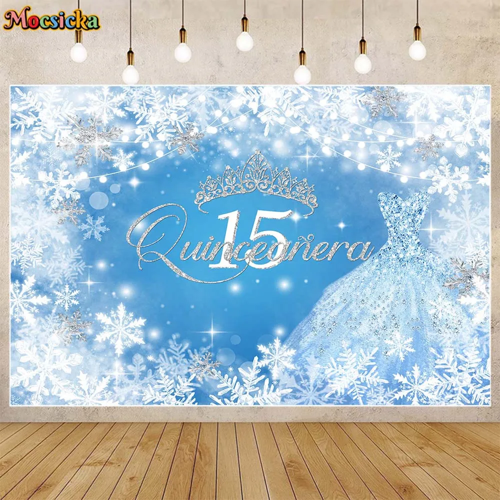 

Mocsicka Winter Girl 15th Birthday Backdrop Snowflake Silver Crown Dress Party Decoration Quinceanera 15 Photo Background Banner