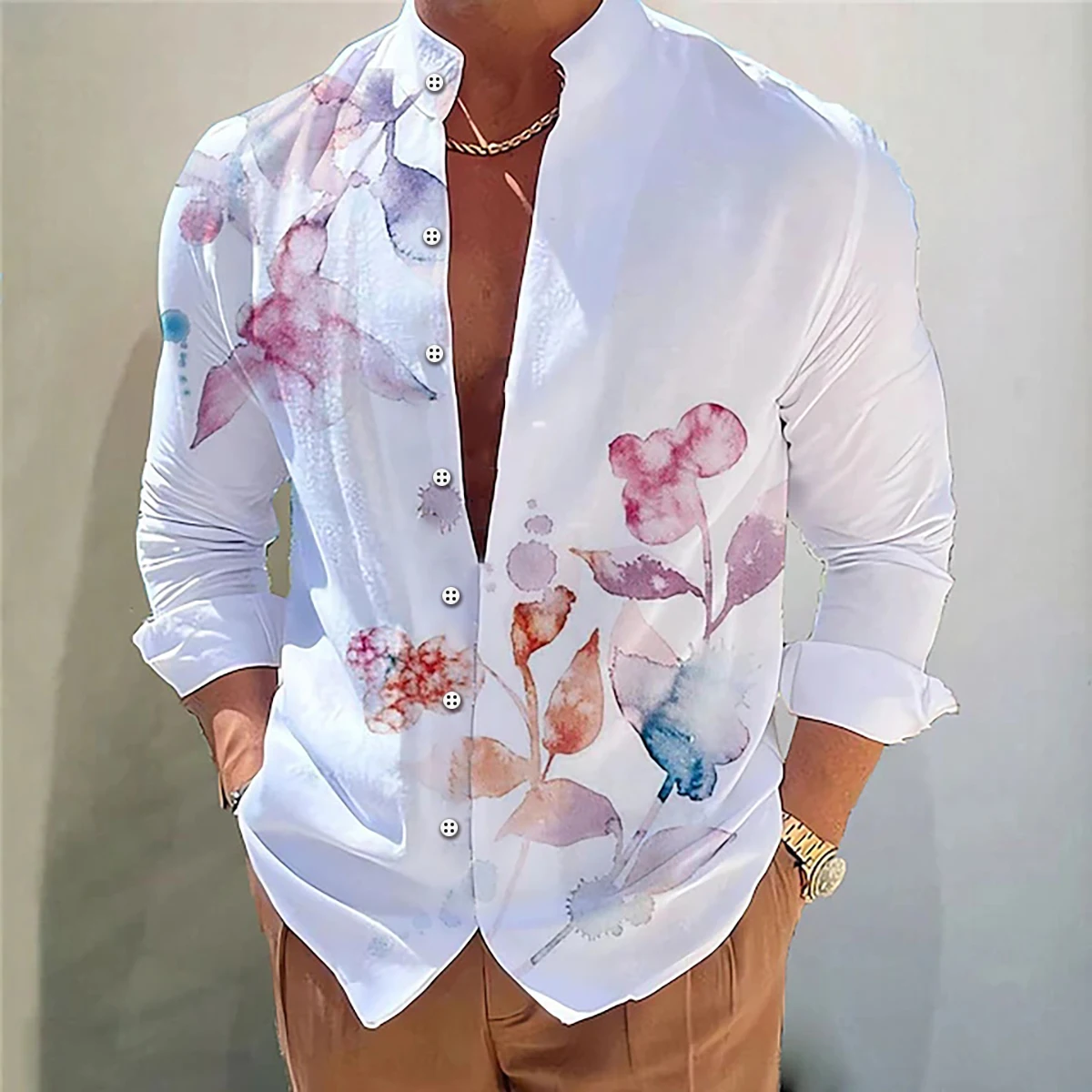 Men Stand Collar Long Shirt Soft Water‑ink Gradient Flower Leaf Graphic Print Button‑front Fashion Urban Holiday Male Blouse