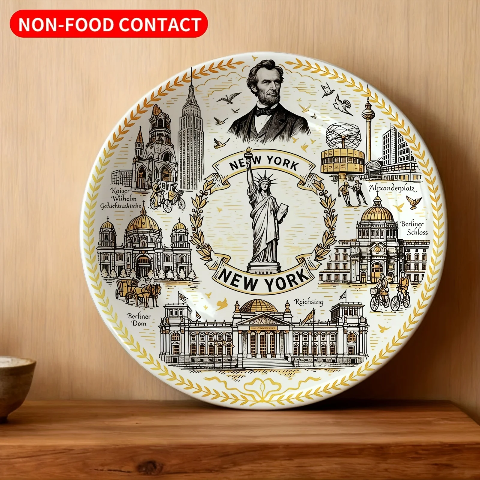1pc New York City Wall Art Decorative Plate - Non-Food Contact Ceramic Round Wall Decor with Statue of Liberty, Lincoln