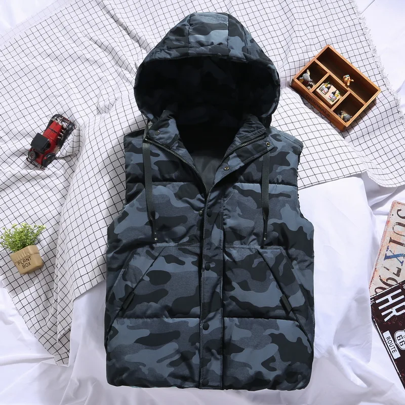 Spring Winter Men Plus Large Size 6xl 7xl Vest Hat Detachable Camouflage Sleeveless Jackets Warm Parka for Men Unisex Waistcoat