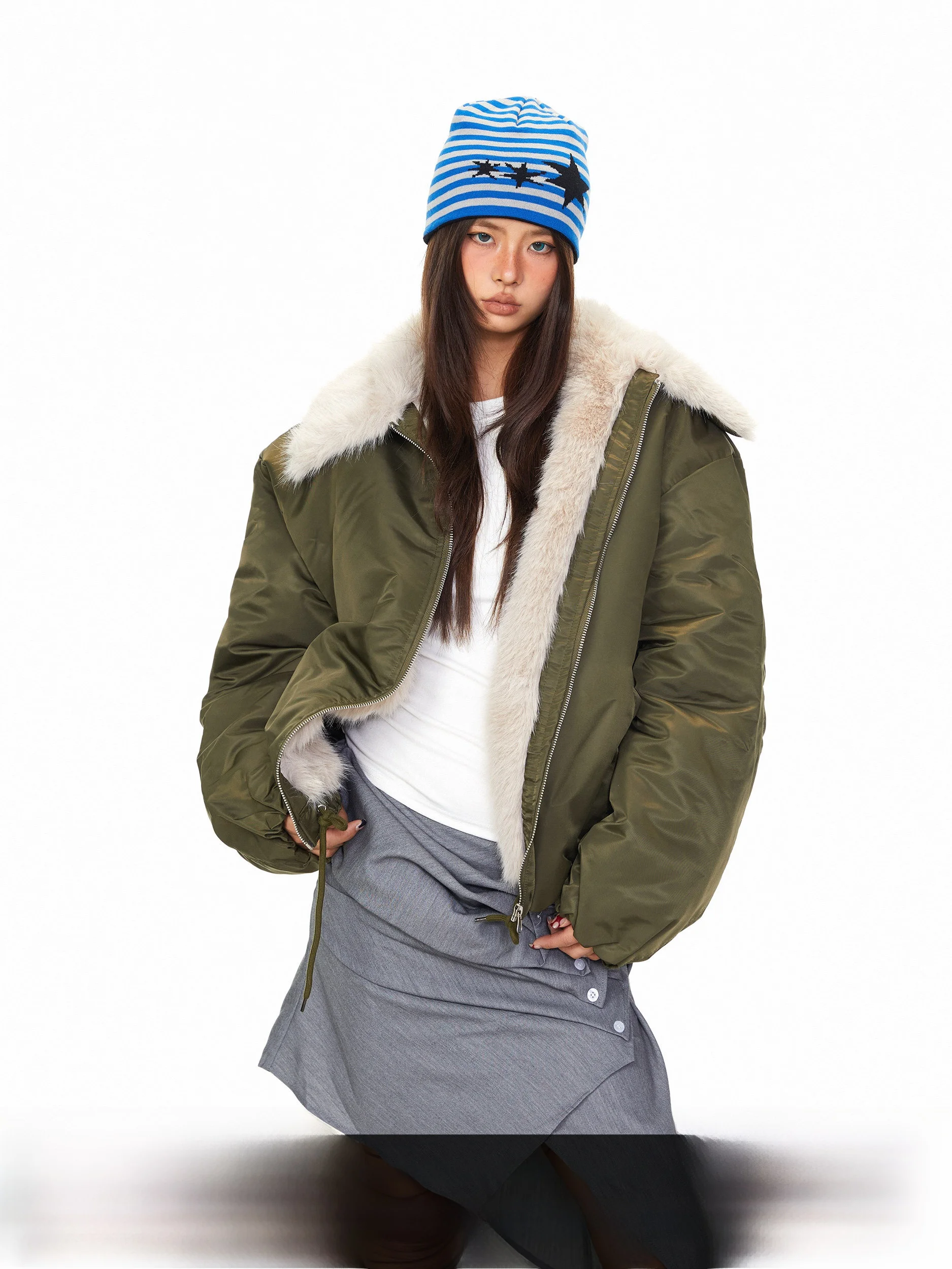 

Blabb Color Blo Fur Collar Dstring Parka Cotton Jaet Women Winter American Retro Loose Casual Thi Warm Outerwear