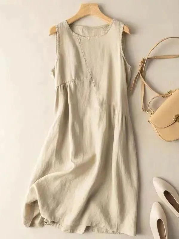 Casual Cotton Linen Sleeveless Vest Long Skirt Summer New Loose Mom Clothes Elegant Slimming Midi Dress Daily Wear A-Line Skirt