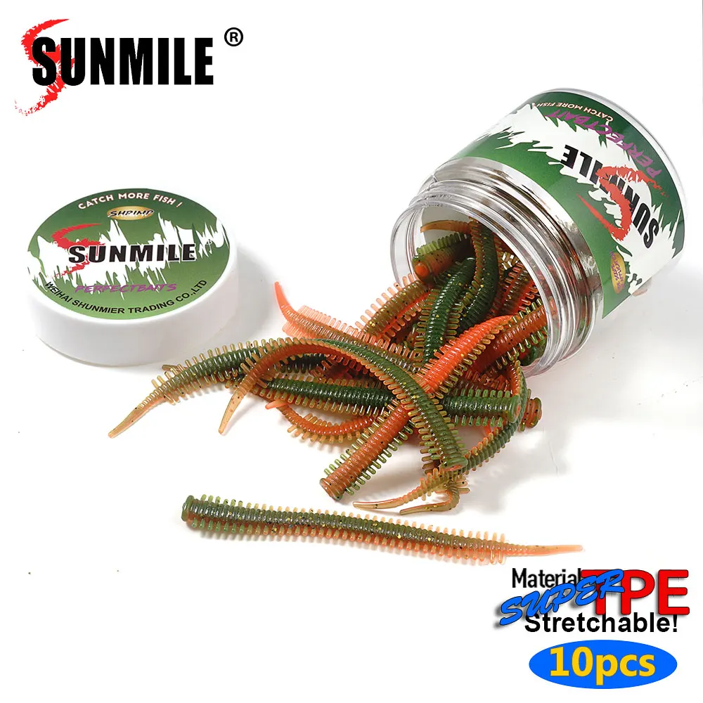 SUNMILE 10 pièces leurres de ver de sable 8.2 cm leurres souples de pêche au sel appâts artificiels en plastique pour truite basse en Silicone