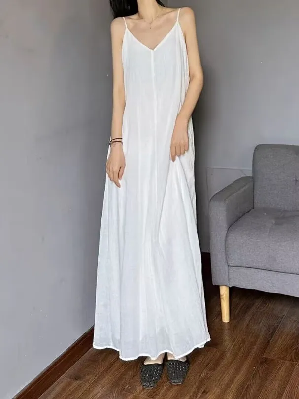 White Cotton Linen Loose Strap Dr Slimming Summer Long V-ne Dr Artistic Sle Women's Dr Commute Sle Midi Dr