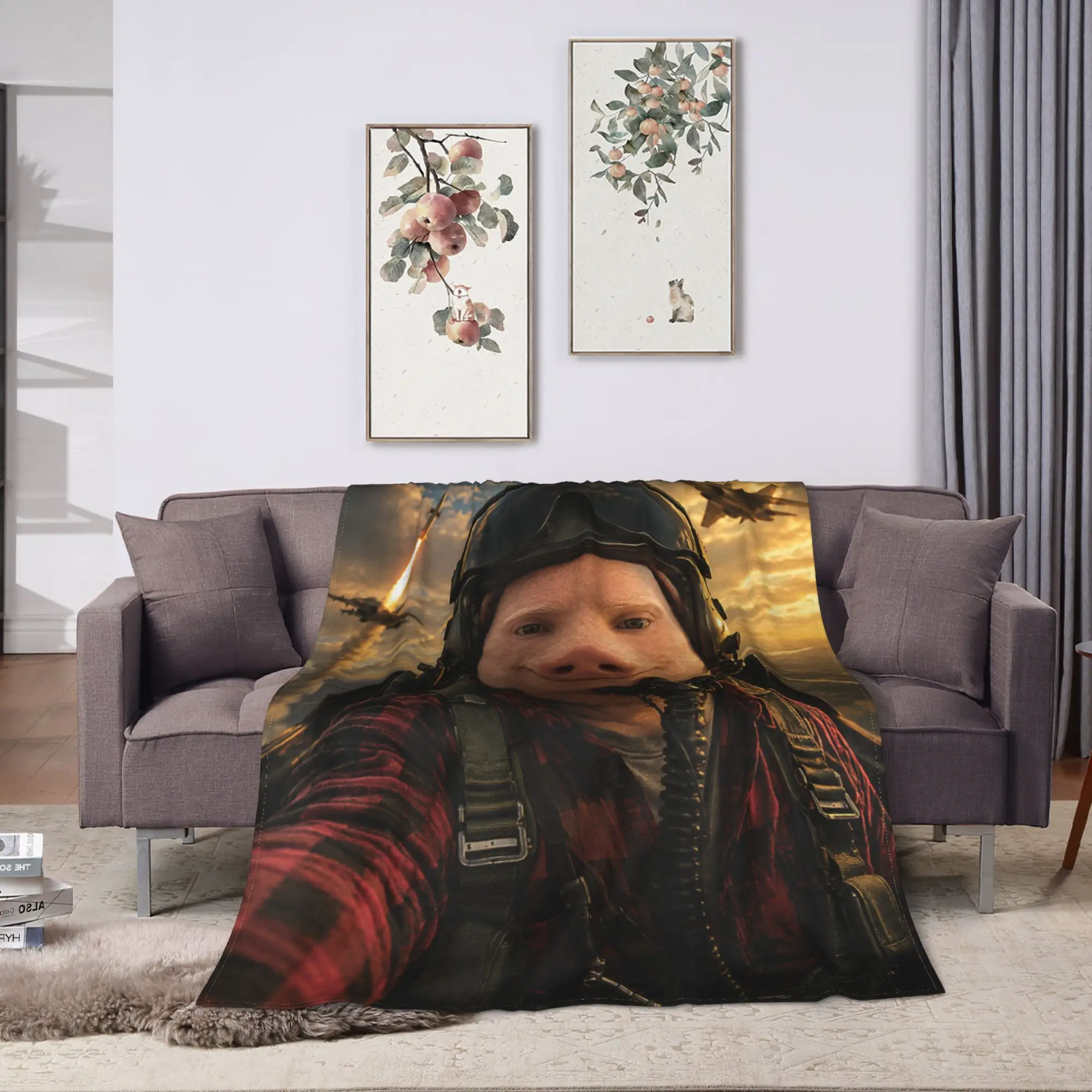 John Pork Fighter Pilot Selfie Funny Memes Dank Art Brainrot Blanket Soft Throw Blanket Autumn  Chair Sofa Bed Trend Bedspread
