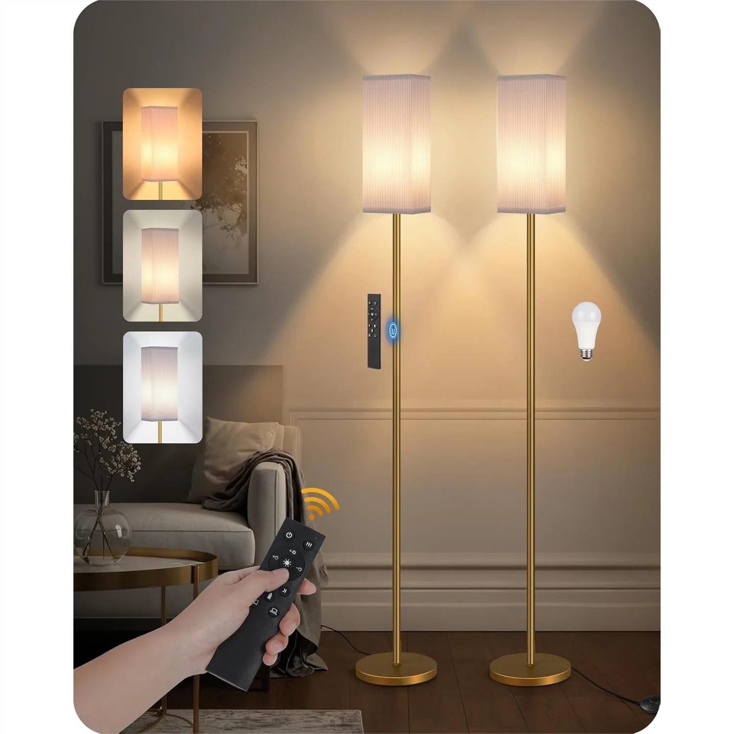 

2Pack 64.2" Dimmable Floor Lamp for Living Room with Remote & Foot Switch, Corner Floor Lamp for Bedroom, Includes A19 Bulb