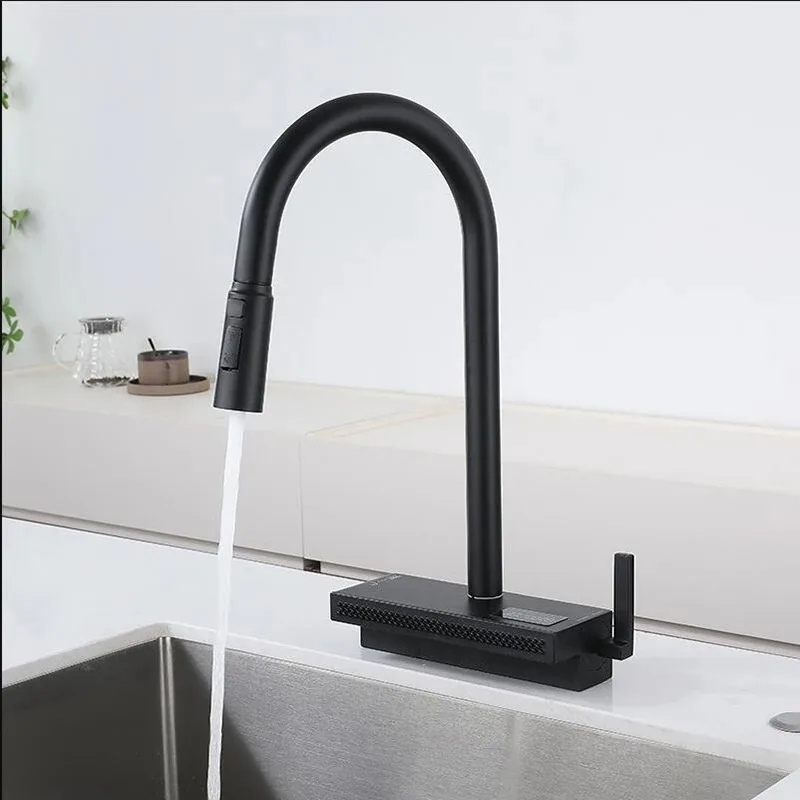 Full Kitchen Single Hole Rain Pull Type Cold And Hot Water Faucet Can Rotate The Sink Sink Digital Display