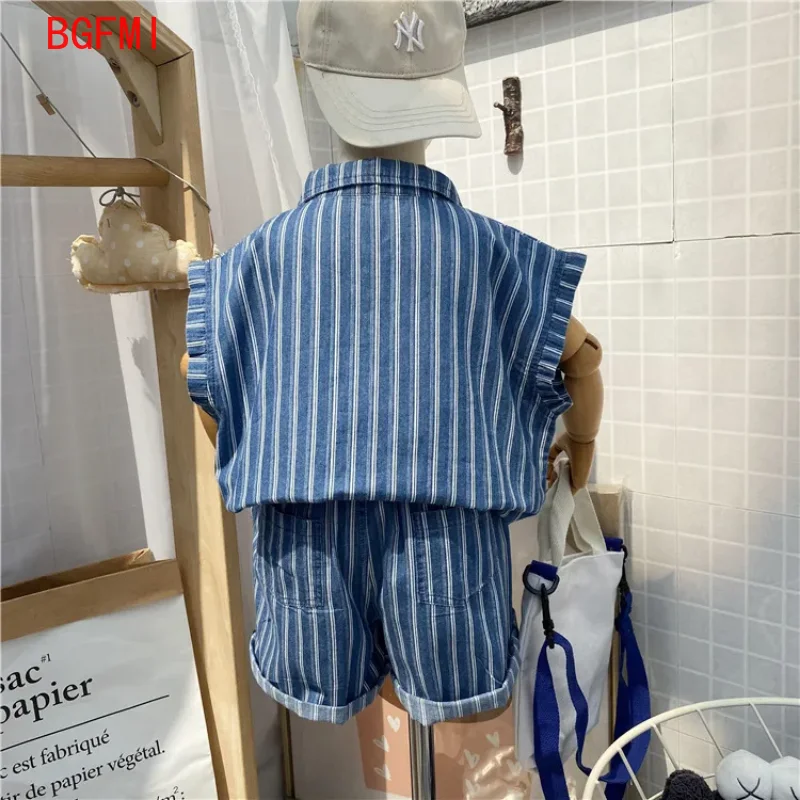 Korean Summer Outfit Boys Striped Children\'s Clothing Kid Clothes Suit Baby Thin Denim Short Sleeved Shirt+shorts 2-piece Set