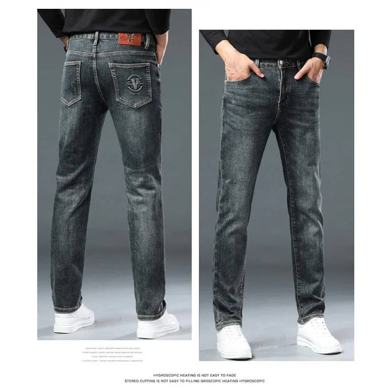 High-end fashion Slim straight jeans men\'s business stretch embroidery thick bottom denim pants