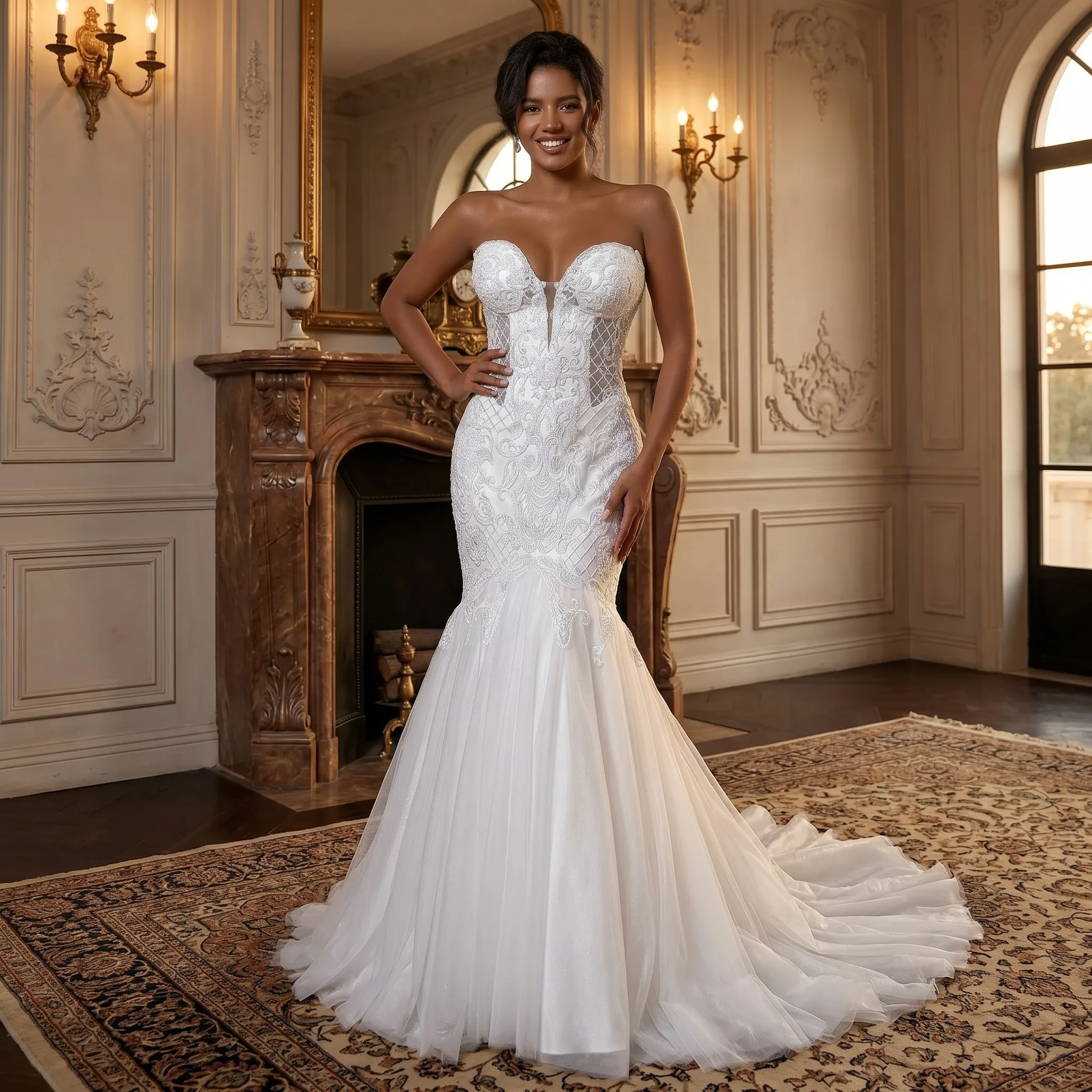 Strapless Sweetheart Mermaid Wedding Dress Lace Appliques Corset Back Tulle Train Bridal Gown Plus Size Customizable