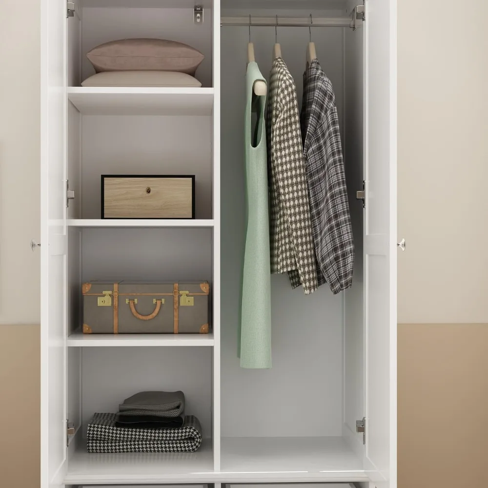 خزانة ملابس ببابين مع قضيب تعليق وأدراج ورفوف، وخزانة تخزين خشبية حديثة قائمة بذاتها مع خطوط منحوتة