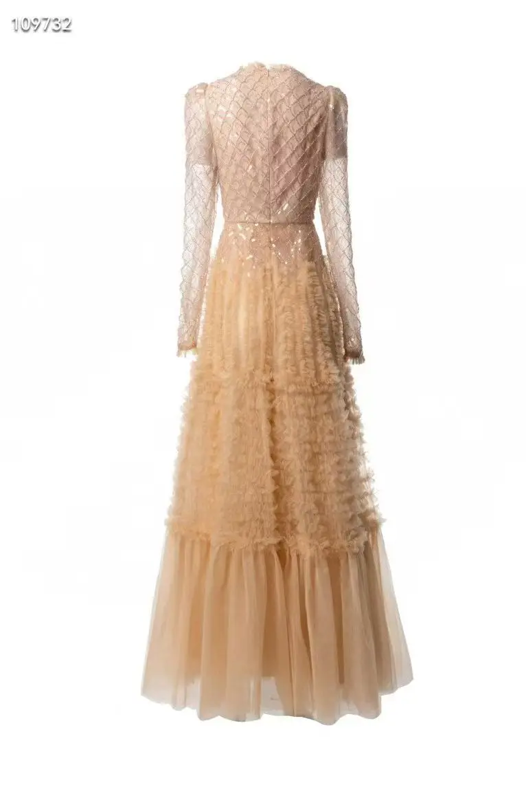 Autumn New Fairy Style O-Neck Beading Splicing Lotus Leaf Lace Long Sleeve Fashionable Shiny Evening Party Women's Dress S-3XL
