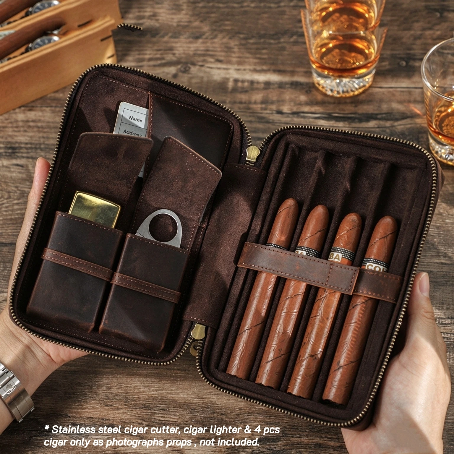 Retro Crazy Horse Leather Cigar Case Portable Travel Humidor with Cutter Pocket & Lighter Pocket Handmade 4-Cigar Storage Pouch