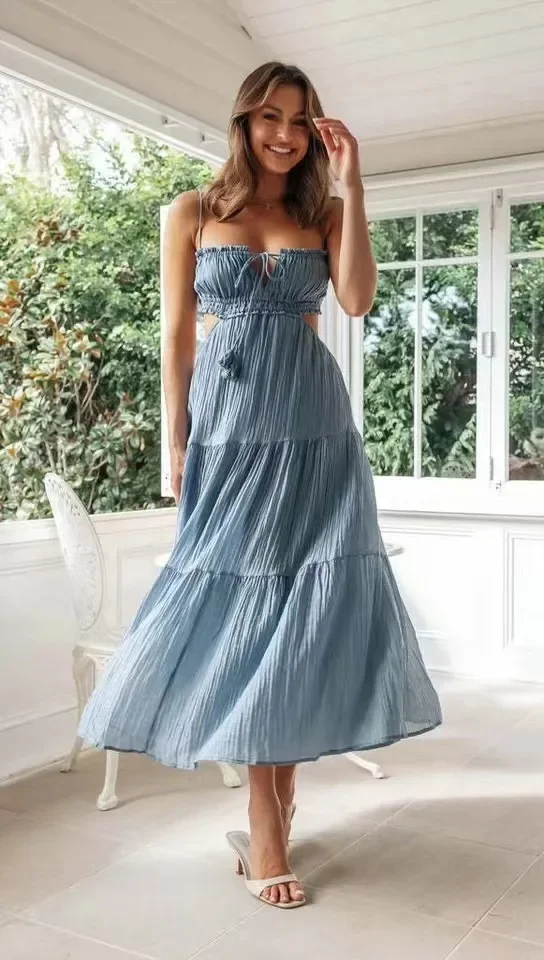 Robe longue à bretelles spaghetti pour femmes, taille basse, sexy, dos nu, fente haute, maxi, wlwear