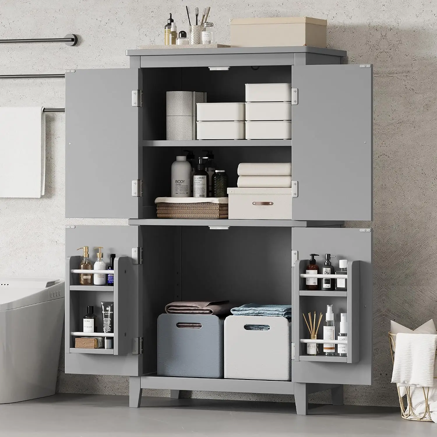 Storage Cabinet with Doors and Shelf Rack, Freestanding Bathroom Floor Unit Organizer for Home Kitchen, Flexible Installation