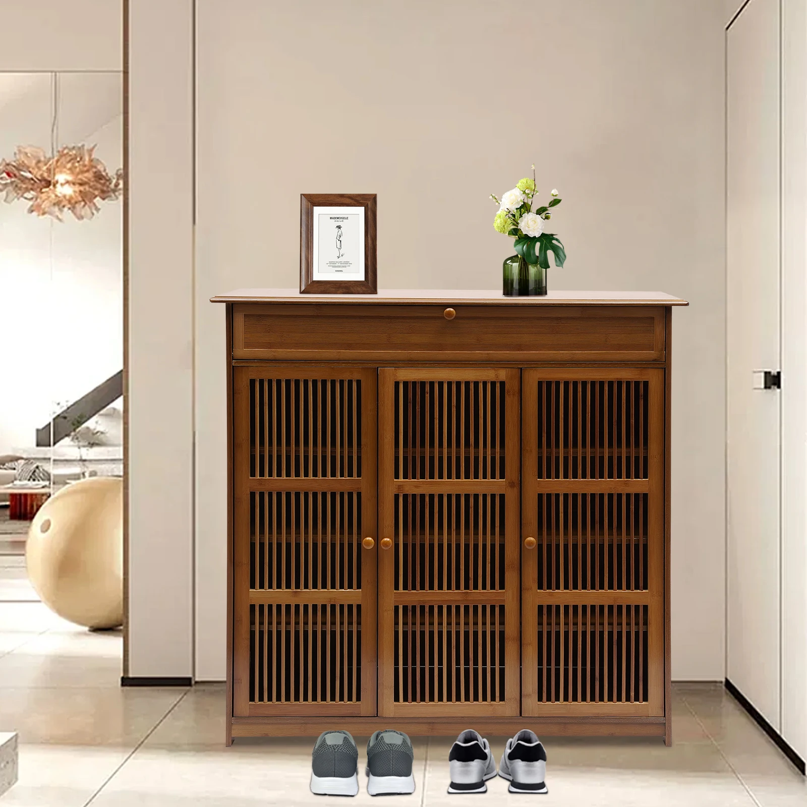 

25 Pairs Bamboo 3 Tier Shoe Storage Cabinet with 1 Drawer & Shutter, for Entryway Hallway Living Room
