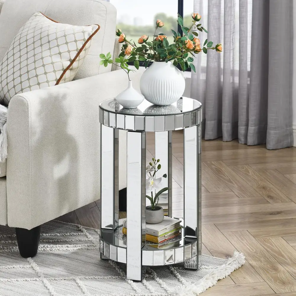 

Mirror Round End Table Crystal Inlay 2-Tier Modern Sofa Table with Storage Silver for Living Room Small Spaces
