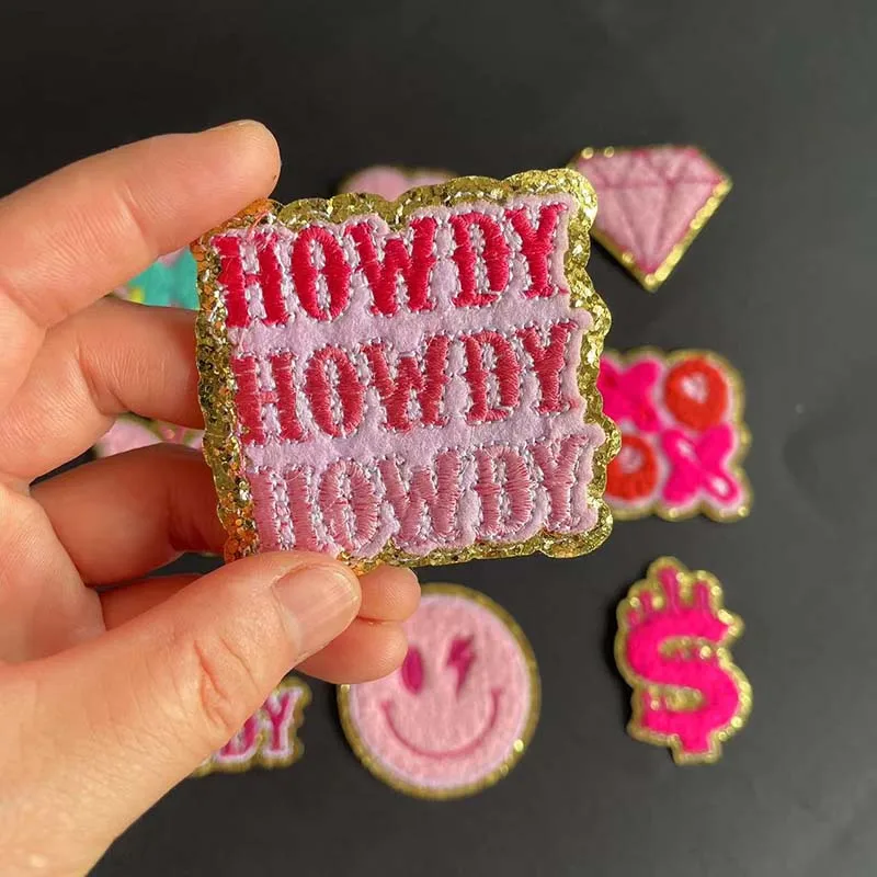 Pink Chenille Patches with Golden Edged Flower,Butterfly,HOWDY Letter Badges Iron On Embroidered Patch Sew on Clothes Stickers