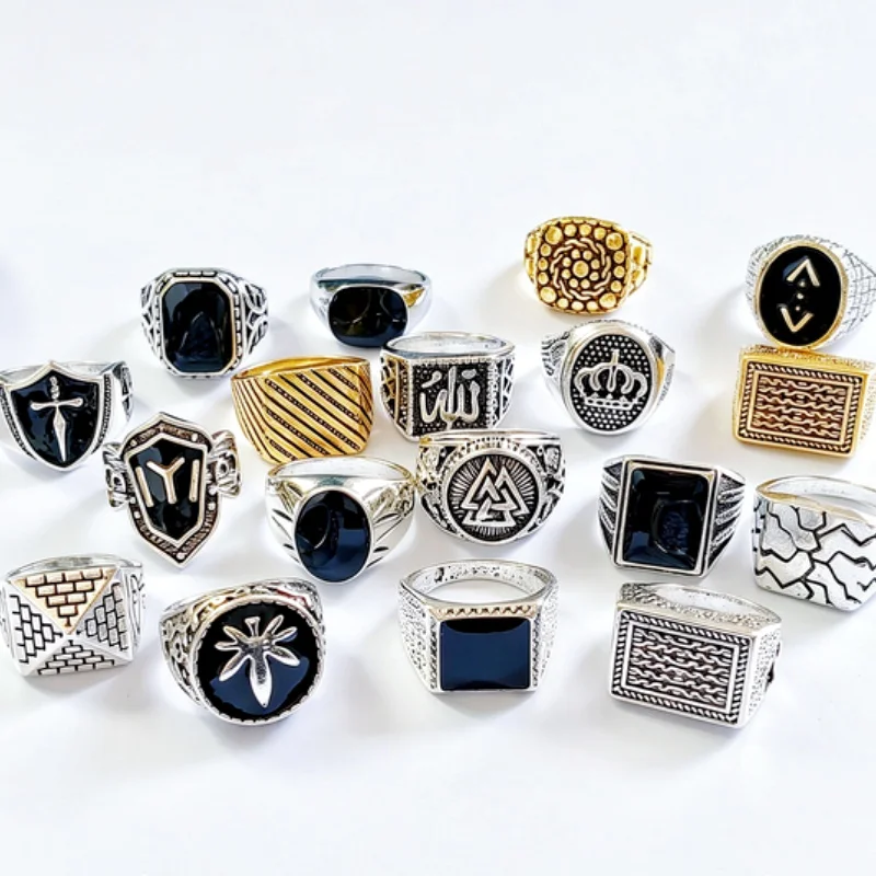 Wholesale 20 Pcs Vintage Zinc Alloy Enamel Signet Rings Mixed Symbols Patterns Durable Unisex Fashion Jewelry Bulk Lot