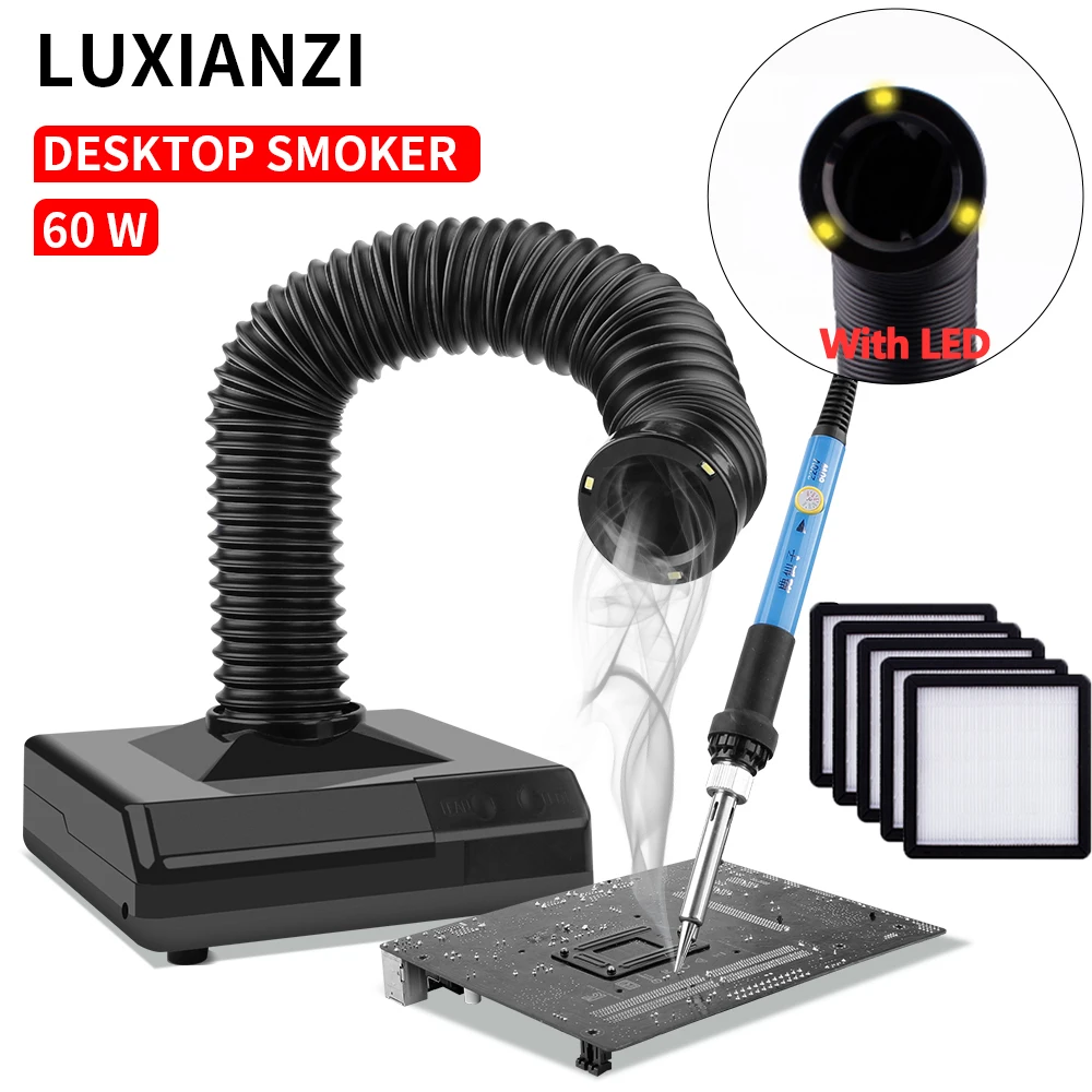 LUXIANZI Fume Extractor Smoking Instrument With LED Light 220v Activated Carbon filter Sponge Solder iron Smoke Absorber 