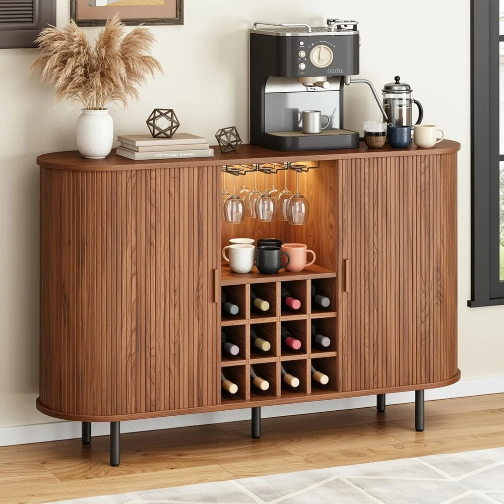 Szafka barowa z rowkami na wino, 55 cali, szafka na alkohol z oświetleniem LED, szafki barowe do kawy z miejscem do przechowywania, komoda w stylu mid-century modern C