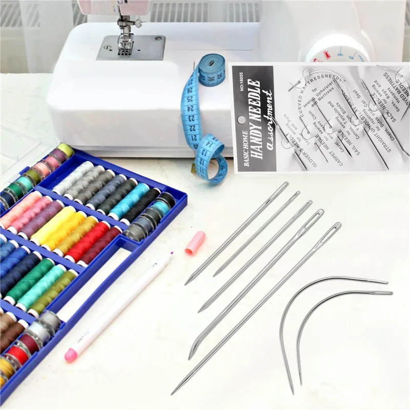 A79I 7 agujas de coser de reparación, enhebrador curvo para cuero, lona, acero inoxidable, plata