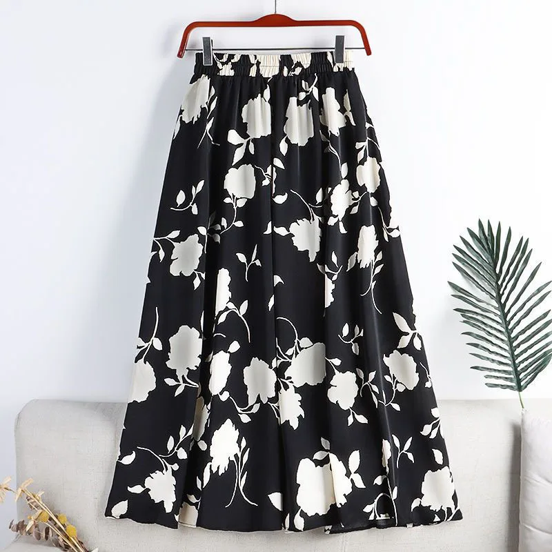 Lucyever Vintage Printed Long Skirt Women Summer Elastic High Wiast Mid-Calf Skirts Female Casual All-Match A-Line Pleated Skirt