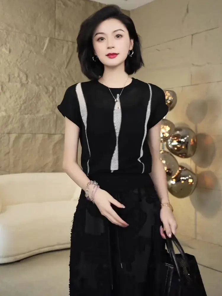 

Ele Color Blo Ice Silk ort Sve Base irt Дышащий летний вязаный топ Женский модный универсальный круглый Ne