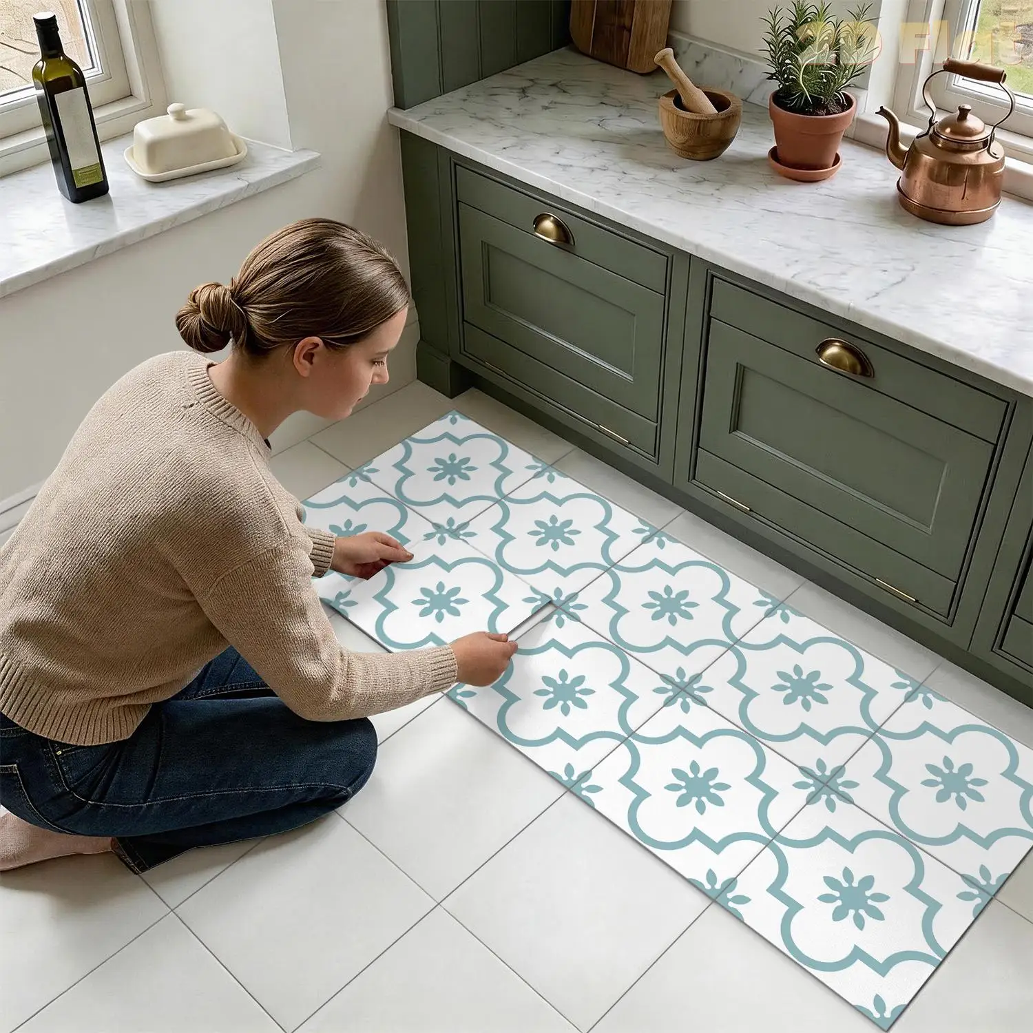 

Light Blue White Floral Tile Floor Stickers, 20/30cm Peel And Stick Floor Tiles Waterproof,Pvc Vinyl Wall Tile For Living Room ﻿