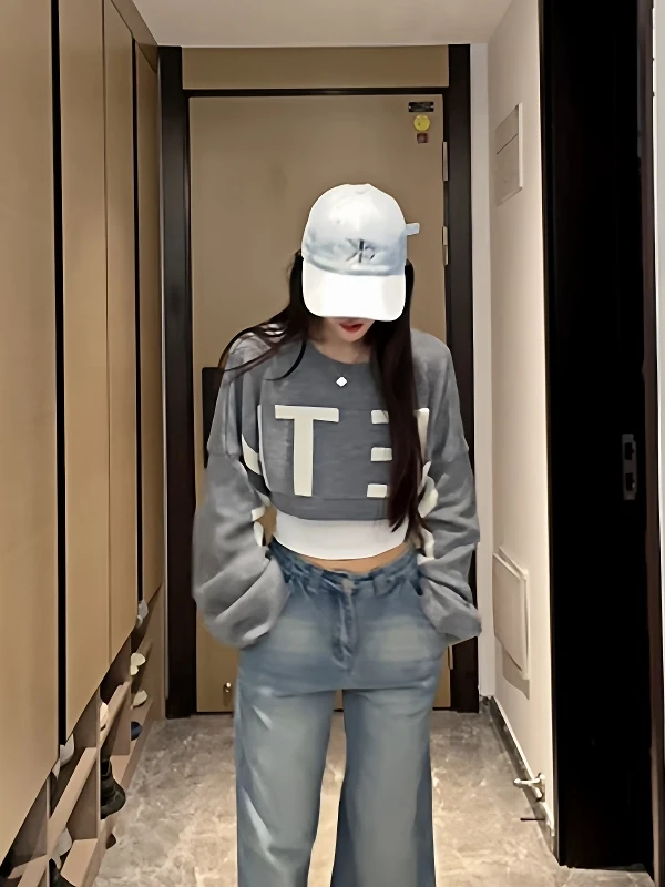 

Повседневный свитер с американским буквенным принтом в стиле ретро, женский осенний новый топ Lazy Faion, круглый топ Ne Long Sve