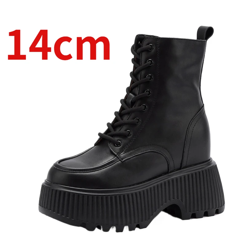 Botas de aumento de altura invisibles para mujer, zapatos de cuero genuino de 14cm, botas de plataforma cómodas de calle británica transpirables