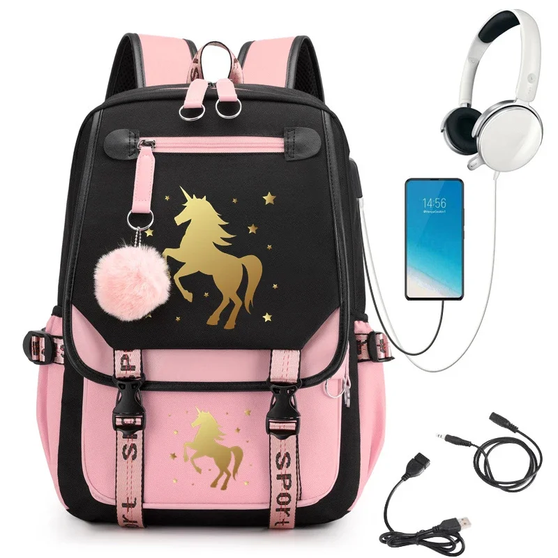 Mochila con diseño de caballo para mujer, morral escolar con carga Usb, bolsa de viaje para adolescentes, bolsa de Anime de dibujos animados